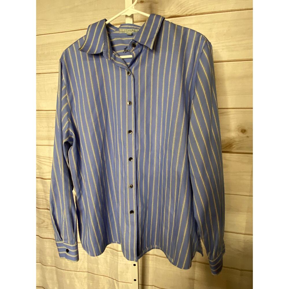 Foxcroft Men's Size 16 Wrinkle Free Shaped Fit Blue Striped Button Down Shirt